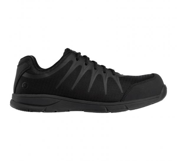 The shoe is a simple, black sneaker with a light, breathable upper. It features a smoothly designed sole and flat laces, ideal for athletic activities.