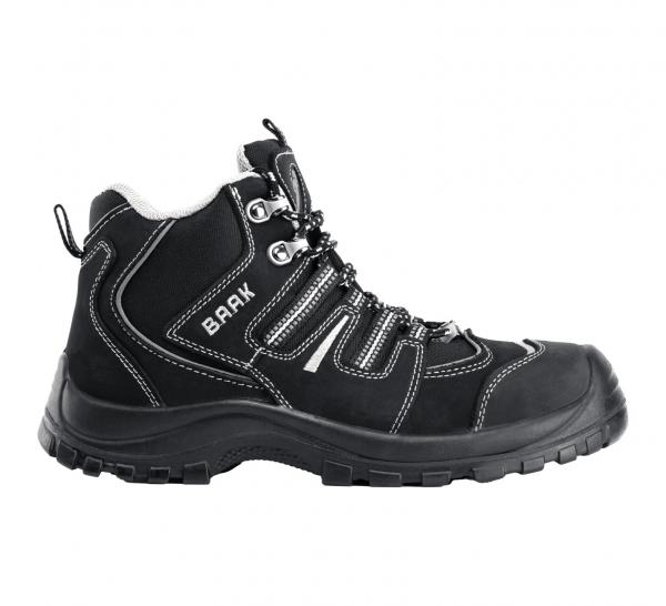 The shoe is a black, semi-open hiking shoe with a sturdy rubber sole. It has gray laces and a padded collar. The design is sporty and functional.
