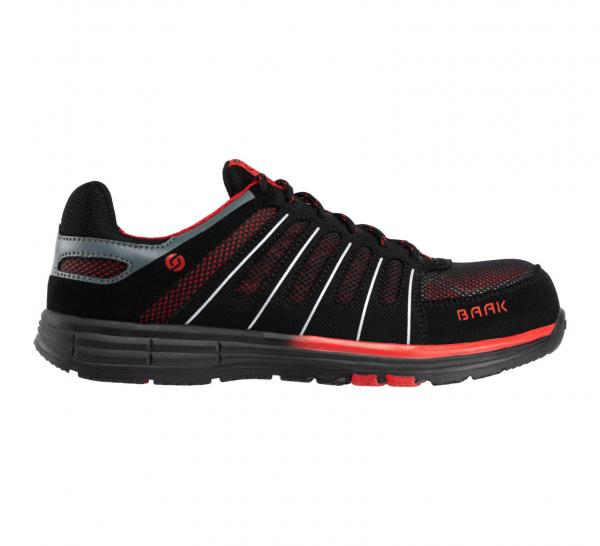 The shoe is a sporty half shoe in black with red and gray accents. It has a lightweight, sturdy sole and a breathable upper with side stripes.