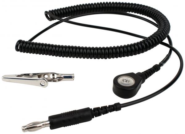 Das Bild zeigt ein spiralförmiges schwarzes Kabel mit einem Clip, der an Stoff befestigt werden kann, und einem runden Anschluss am Ende. Es handelt sich um ein technisches Zubehörteil.