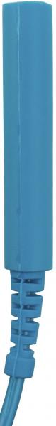 The image shows a long, narrow, blue object that has a thin, straight extension on one end. The other end has a wavy shape. It is a cable or plug.