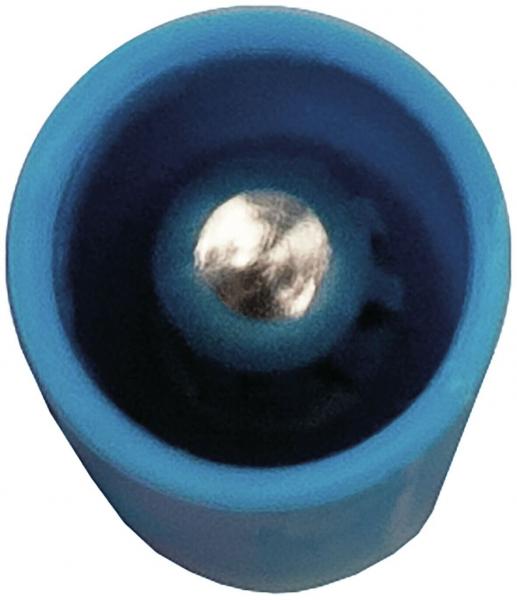 The image shows a blue, round bowl with a metallic ball in the center. The bowl has a smooth edge and is slightly hollow inside, making the ball clearly visible.