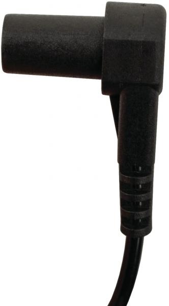 Das Bild zeigt einen schwarzen, rechtwinklig geformten Stecker mit einer umgebenden Kabelisolierung. Der Stecker hat mehrere feine Rillen und eine glatte Oberfläche.
