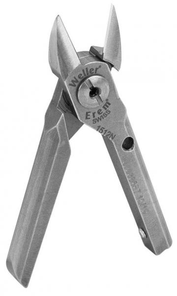 Das Bild zeigt eine silberne Zange mit spitzen, scharfen Klingen und einem ergonomischen Griff. Die Zange ist für präzise Arbeiten konzipiert und hat eine glatte Oberfläche.