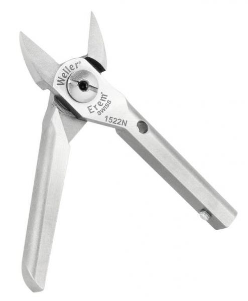 Das Bild zeigt eine kleine, metallene Zange mit scharfen, spitz zulaufenden Klingen. Die Griffe sind flach und ergonomisch geformt, ideal für präzise Arbeiten.