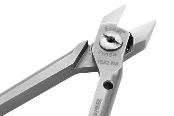 The image shows a silver pair of pliers with sharp, pointed blades. The pliers have a sturdy handle and a central screw for adjustment. They appear precise and robust.