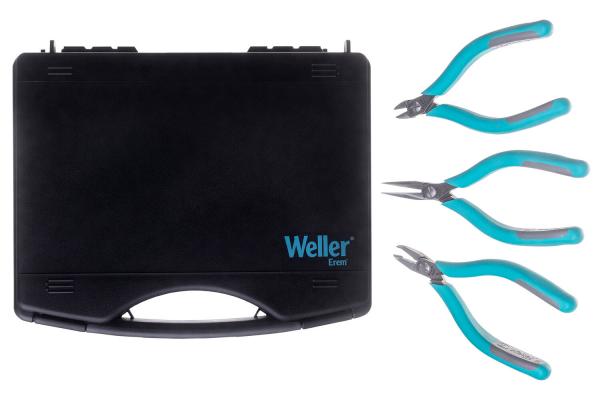 The image shows a black suitcase with a handful of tools. Next to the suitcase are three pliers with turquoise handles. The suitcase has a simple design and a handle.