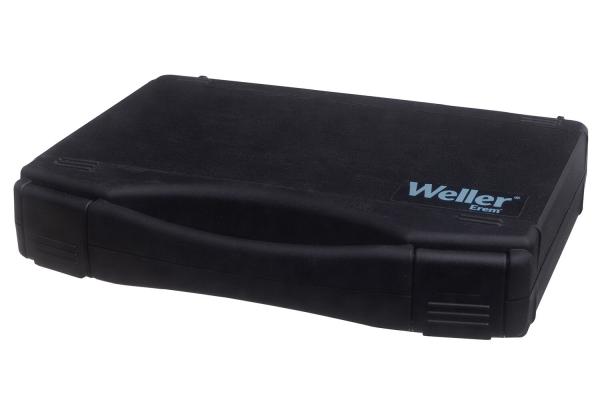 The image shows a black, rectangular suitcase with a smooth surface. On the front, there is a blue "Weller" inscription and a handle on the side for carrying.