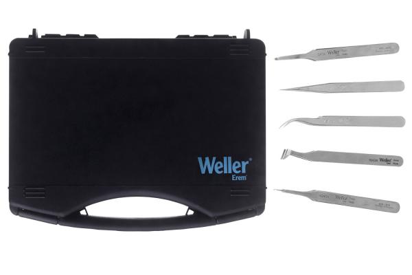 The image shows a black case labeled "Weller" with four precise tools arranged next to it. The tools have slim, metallic blades in various shapes.