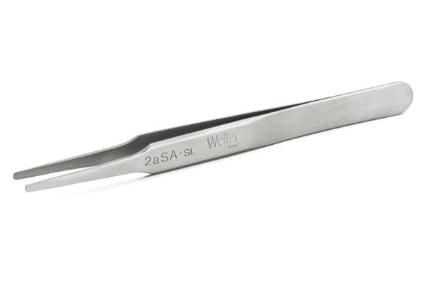 The image shows a narrow, metallic tweezer with two pointed pincers. The tweezer has a smooth surface and a slightly curved, ergonomic handle.