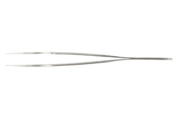 The image shows a long, flat pair of stainless steel tweezers. It has two smooth, pointed tips and a narrow, central grip. The surface is shiny and reflects light.