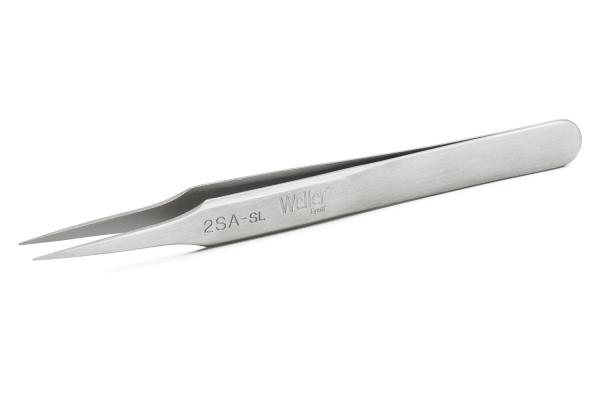The image shows a silver, pointed precision tweezer. It has two narrow, slender tips and a flat handle that is slightly curved. It is made of metal.