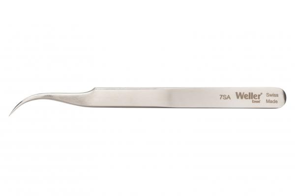 The image shows a straight, narrow stainless steel tweezer. It has a slightly curved tip and a smooth surface. On the side, it is marked with the inscription "Weller" and the model number.
