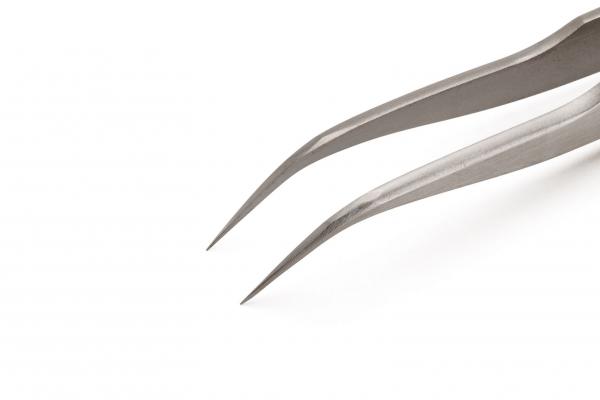 The image shows a sharp, metallic tweezer. The edges are narrow and taper into two fine, pointed tips suitable for grasping small objects.