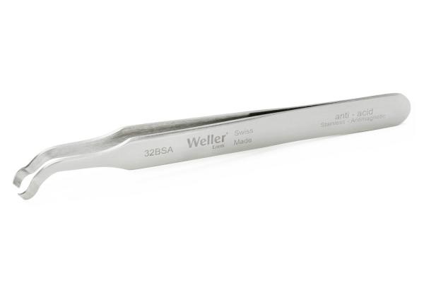 The image shows a curved, metallic tweezer with a shiny surface. It has a fine tip and is suitable for precise gripping tasks, with labels on the side.