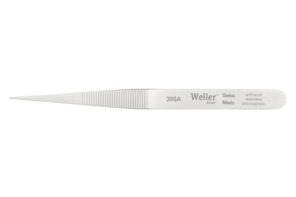 The image shows a fine, pointed metal tweezer with a ridged surface for better grip. It is silver-colored and has the inscription "Weller" along with a part number.