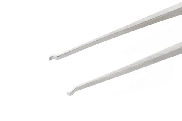 The image shows a metal tweezer. It has long, slender legs with a slightly curved tip, suitable for grasping small objects.