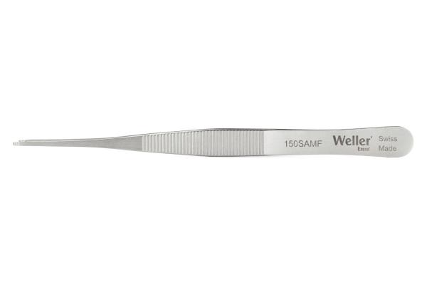 The image displays a sharp, slender pair of stainless steel pliers. It features a non-slip grip surface with fine grooves and is labeled with "Weller" and a model number.