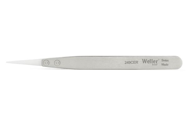 The image shows a sharp, metallic tweezer. It has a slender shape and a polished surface. On the side, there is the inscription "Weller" and a model number.
