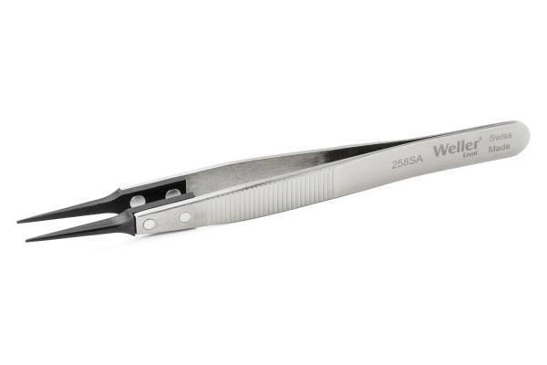 This is a fine, pointed tweezer made of silver metal. It features a non-slip grip with fine grooves and two narrow, long tips for grasping small objects.