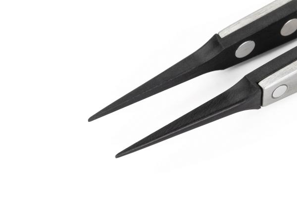 The image shows a pair of fine, pointed pliers with a black, polished head and metallic handles. The pliers are designed to grip precisely.