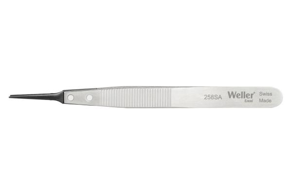The image shows a slim, silver tweezer with a sharp, black tip. The handle has a ridged structure for better grip. The handle reads "Weller".
