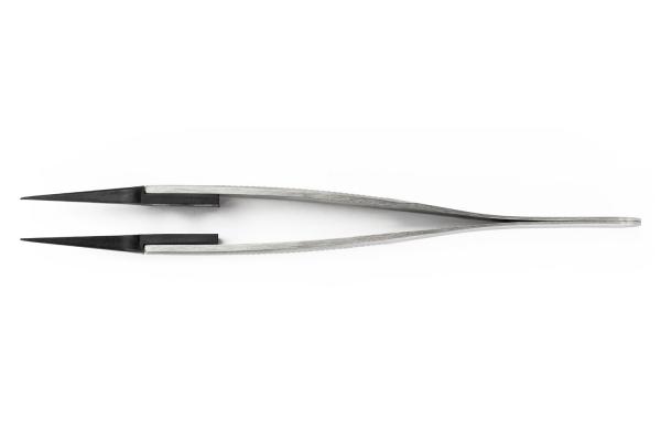 The image shows a pair of sharp, metallic pliers or tweezers. They are thin and straight, with a narrow, flat handle that splits into two pointed ends.