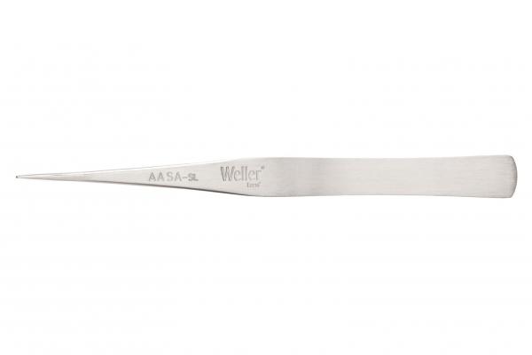 The image shows a sharp, metallic tweezer with a flat handle. The surface is shiny, and there are small inscriptions on the side.