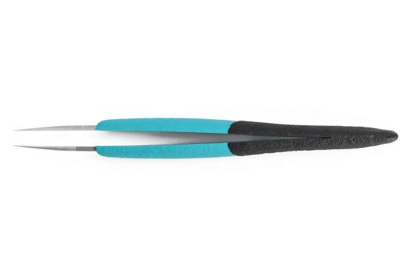 The image shows a pair of tweezers with two long, narrow tips. The handles are coated with blue and black rubber for better handling.