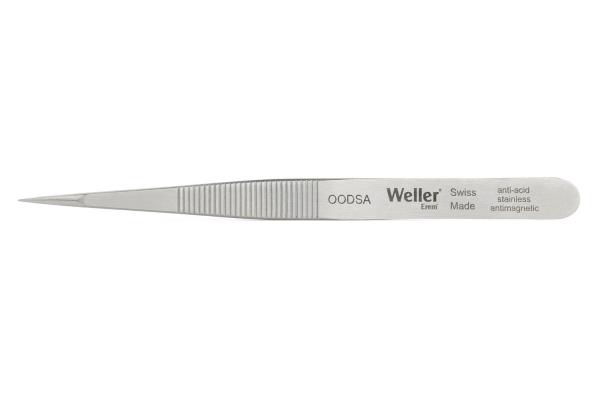 The image shows a slim, silver tweezer. It has a pointed and flat shape, with a ridged surface for better grip and the inscription "Weller" on the side.