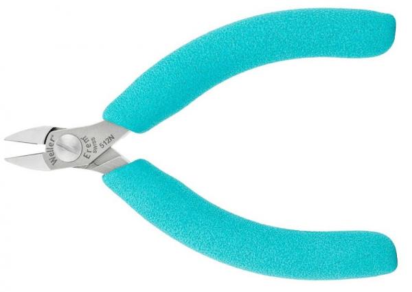 The image shows a pair of pliers with two robust, turquoise handles and a narrow, pointed cutting edge. The blades are made of shiny metal and appear precise.