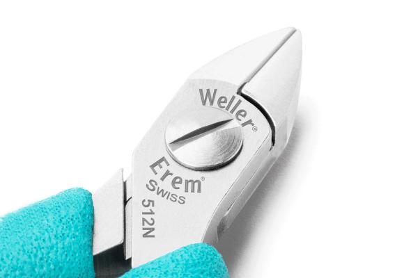 The image shows a shiny, silver pair of pliers with a pointed end. It has a gray turning knob in the middle and blue, grippy rubber coating on the handles.