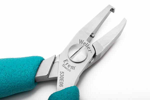 The image shows a precise, metallic pair of pliers with long, narrow jaws. The handle is covered with a turquoise rubber for improved grip.