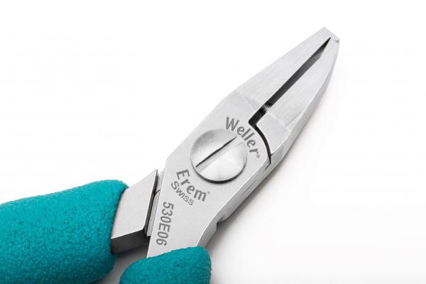 The image shows a narrow pair of pliers with a shiny, metallic head and non-slip, blue handles. The pliers have a pointed shape and are ideal for gripping and holding small objects.