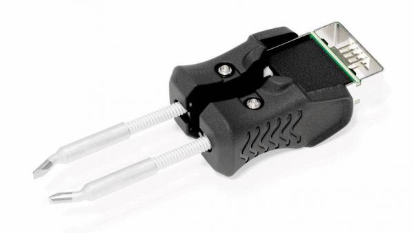 The image shows a sleek, black tool that has a USB port on one end. On both sides, there are two narrow, transparent rods attached.