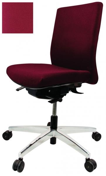 The office chair has a red cover and an ergonomic backrest. It stands on a chrome-colored base with five casters that are movable. The seat is padded.