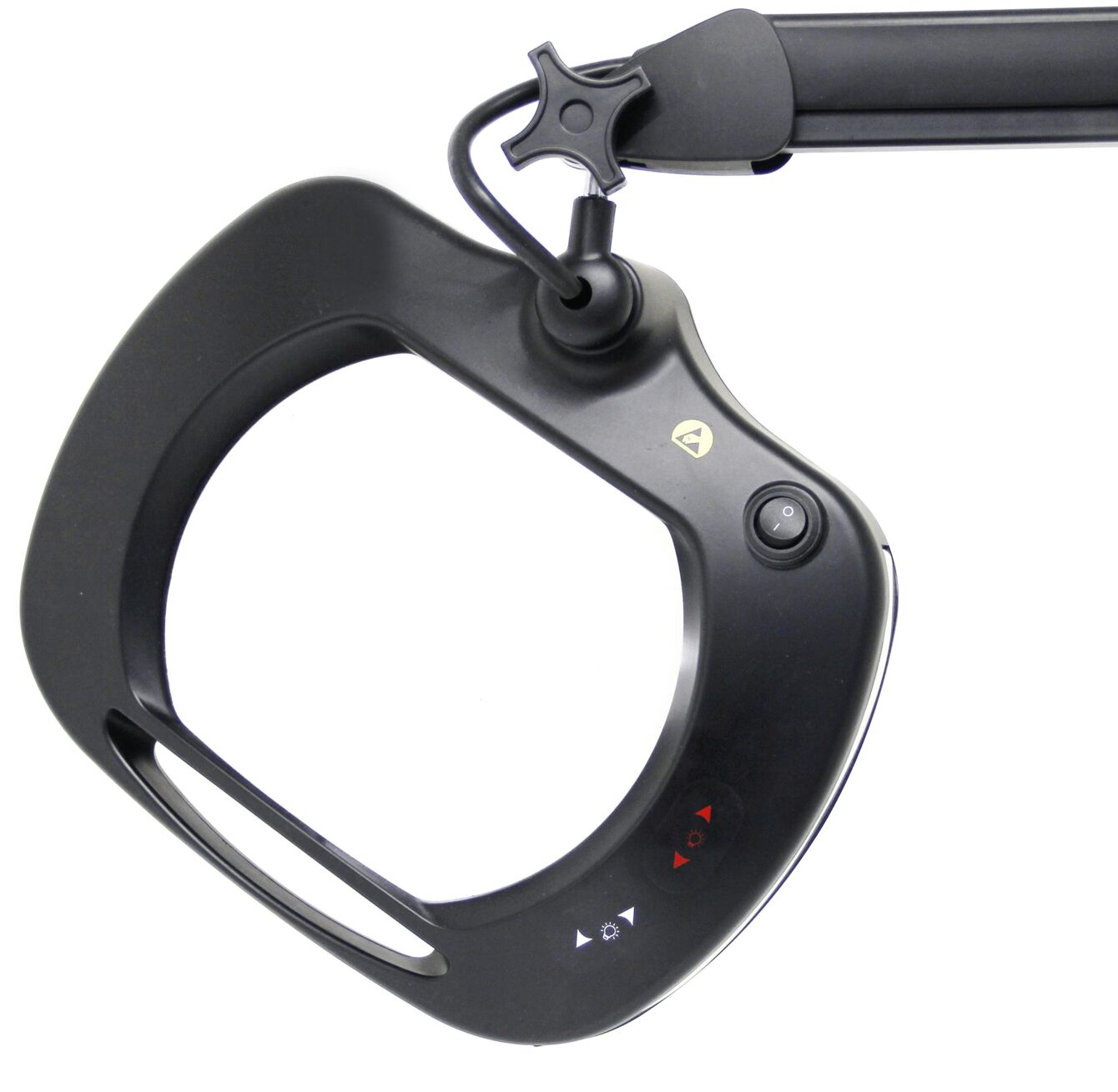 The image shows a black magnifying glass with integrated light, attached to a flexible arm. It has an oval opening and controls on the side.