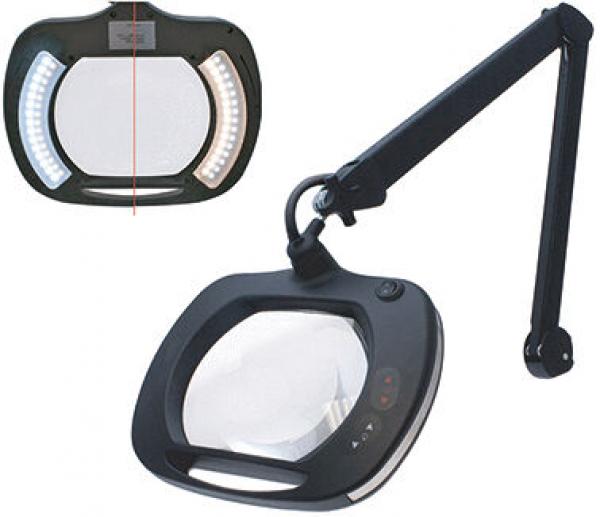 The image shows a magnifying reading glass with a large, round lens and a flexible arm. It features integrated LED lights for improved visibility.