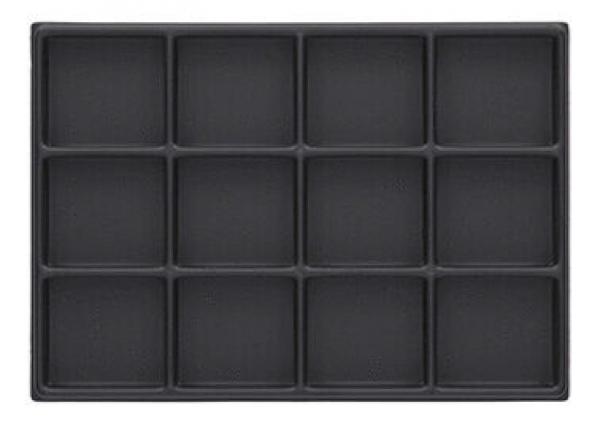 The image displays a rectangular, black baking sheet with 12 uniform indentations. It is flat and has a smooth surface, ideal for baking or serving.