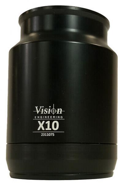 The image shows a cylindrical, black lens attachment labeled "Vision Engineering X10" with a serial number. The surface is smooth and shiny.