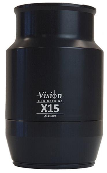 The image shows a round, black lens attachment with a smooth surface. In the center, it reads "Vision Engineering X15". The attachment has a wide base and tapers towards the top.