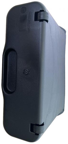 The image shows a black, rectangular box with rounded corners. It has a handle on the side and clasps on the top that stabilize and secure it.