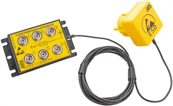 Das Bild zeigt eine gelbe Moduleinheit mit mehreren Anschlussbuchsen und einem langen Kabel. An einem Ende des Kabels befindet sich ein weiterer gelber Stecker mit dem Hinweis "ESD".