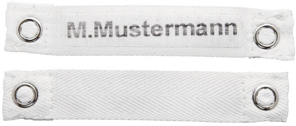 The image shows two horizontal, white fabric pieces with metal eyelets at the ends. On one piece, the name "M. Mustermann" is written in gray font. Both parts are simple and functional in design.