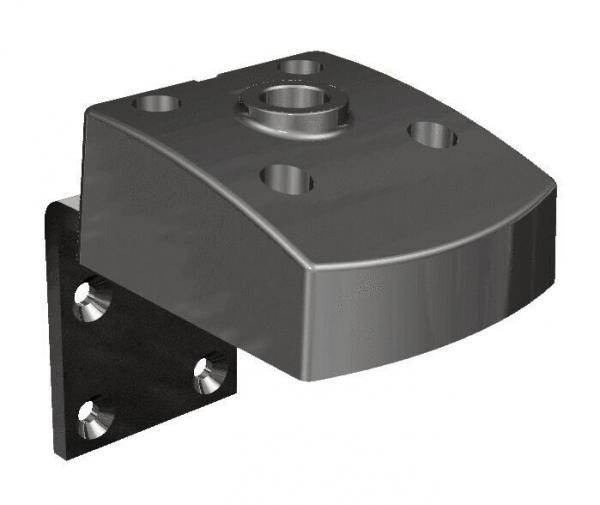 The image shows a gray bracket with a curved top and several holes. It has a black mounting surface with additional holes for attachment.