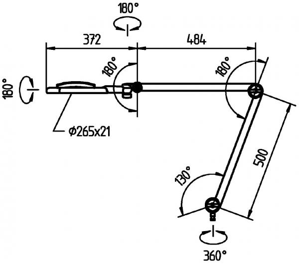 The image shows a technical drawing of a movable arm that is attached at one point. It has multiple joints and dimensions, symbolized by lines and angles.