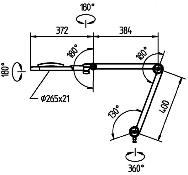 The image displays a technical drawing of an arm that can move in various directions. Dimensions and rotation angles are specified. The structure appears functional and sturdy.