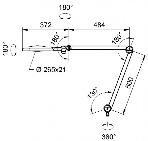 The image displays a technical drawing of a lamp with various rotation and swivel ranges. Dimensions and angles for the mobility of the arms are provided.