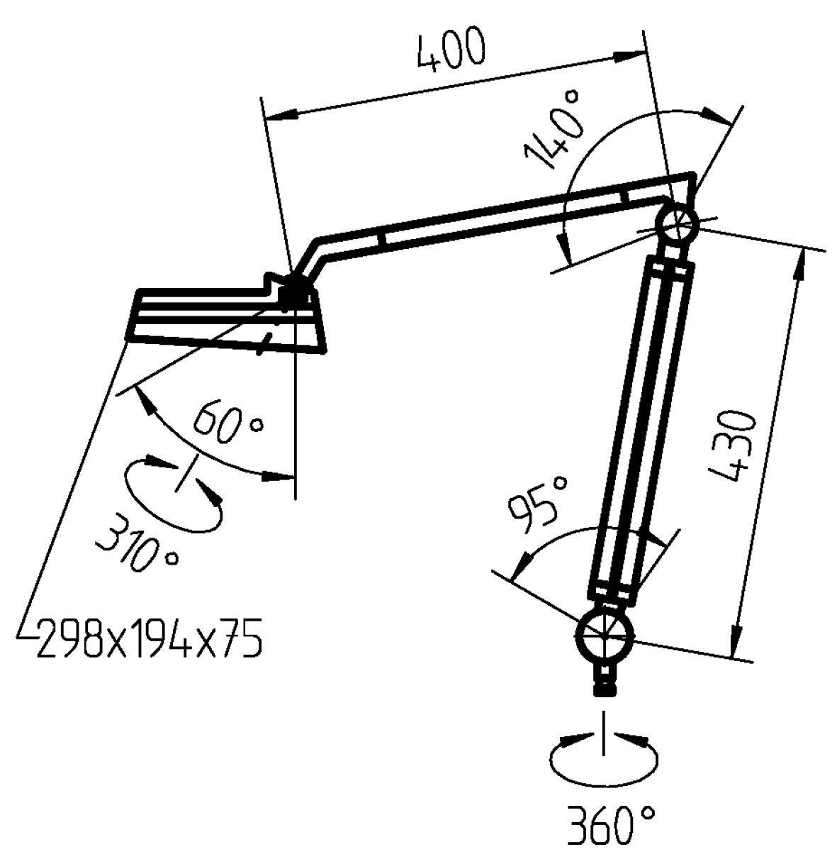 The image displays a technical drawing of a boom with various joints. Dimensions and angles are provided, illustrating the range of motion and positioning.