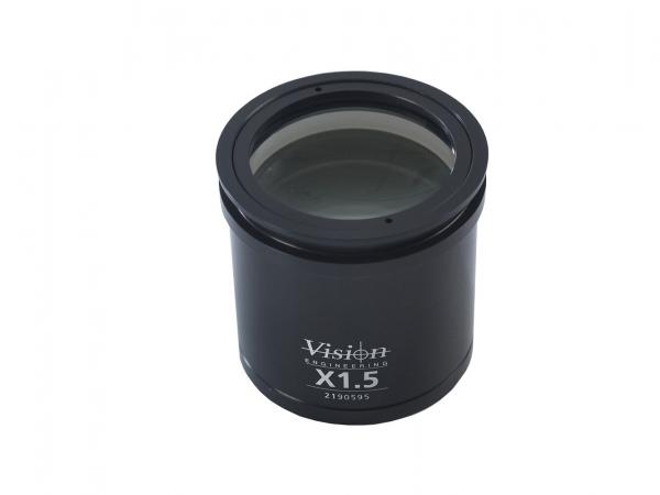 The image shows a cylindrical, black lens container with a glass front. It is an optical accessory, labeled with "Vision X1.5".